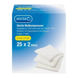 Kompresy z gazy Alvita sterylne 5x5 cm, 25x2 sztuki